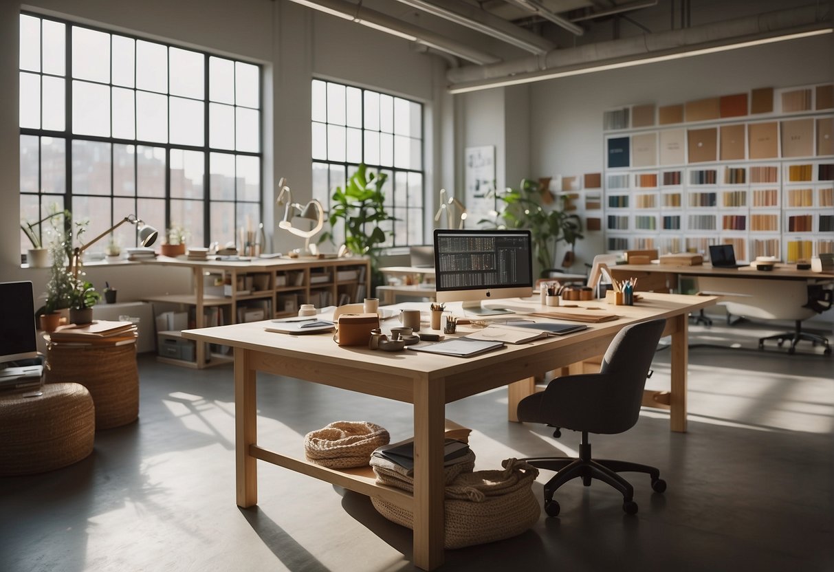 An open office space with a large drafting table, mood boards, and a wall of fabric swatches. Natural light floods the room, highlighting the creativity and collaboration of the design team