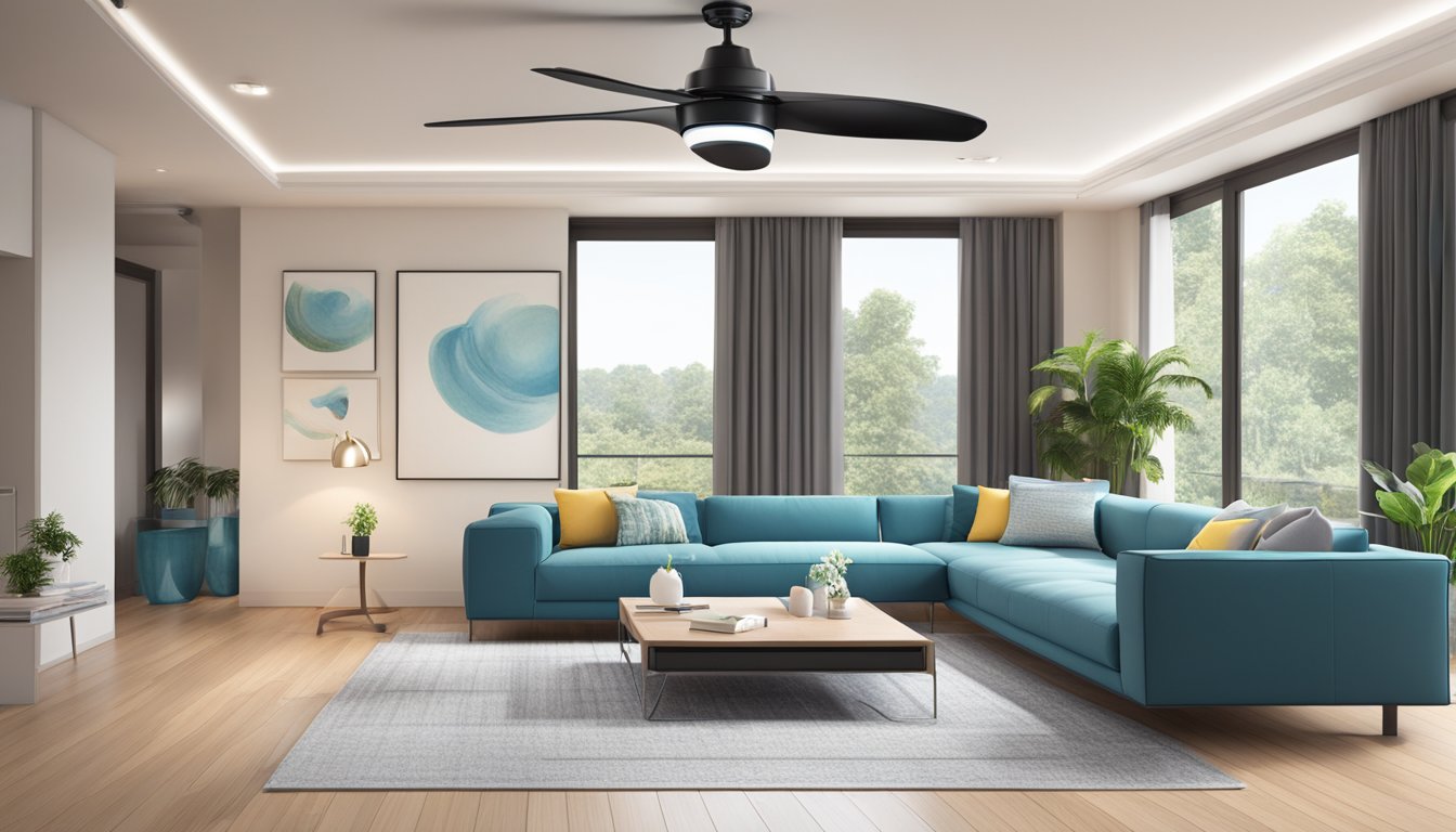 A modern living room with a sleek, bladeless ceiling fan in operation, showcasing its innovative design and advantages. The fan is available for purchase in Singapore