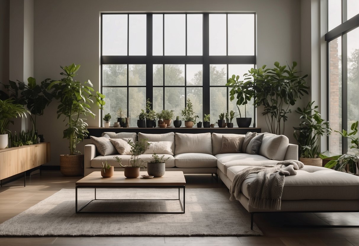A modern living room with clean lines, neutral colors, and minimalistic furniture. A large window lets in natural light, and plants add a touch of greenery