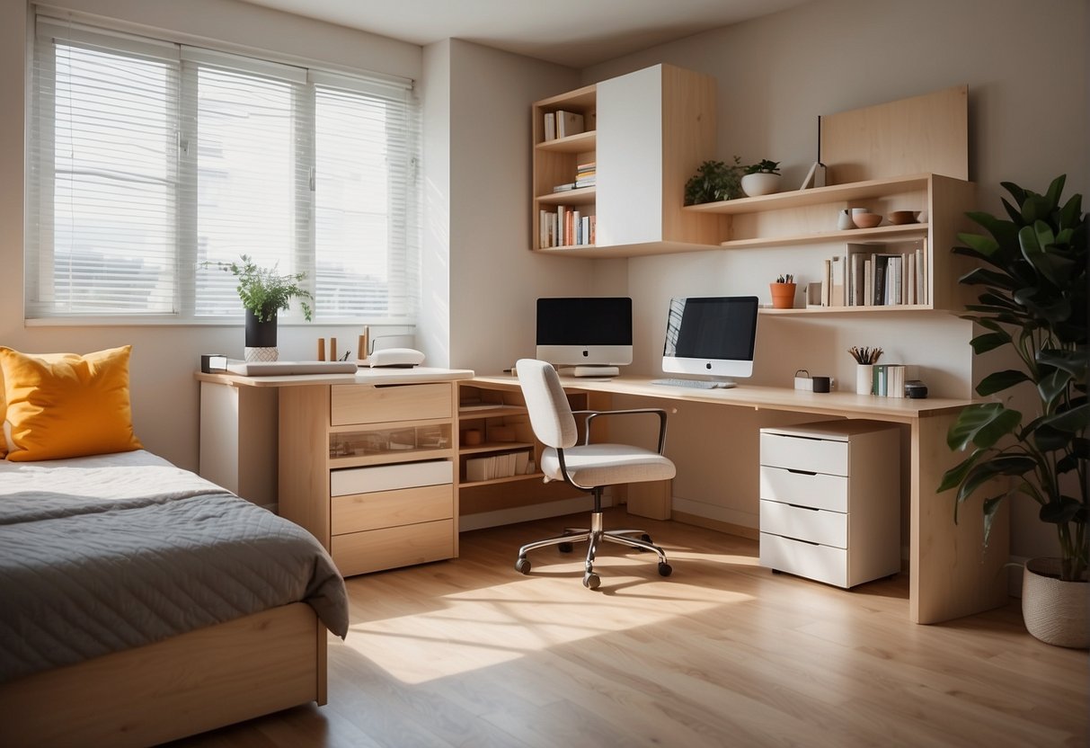 A small room with multi-functional furniture, foldable desks, and hidden storage solutions. Bright colors and natural light create a sense of spaciousness