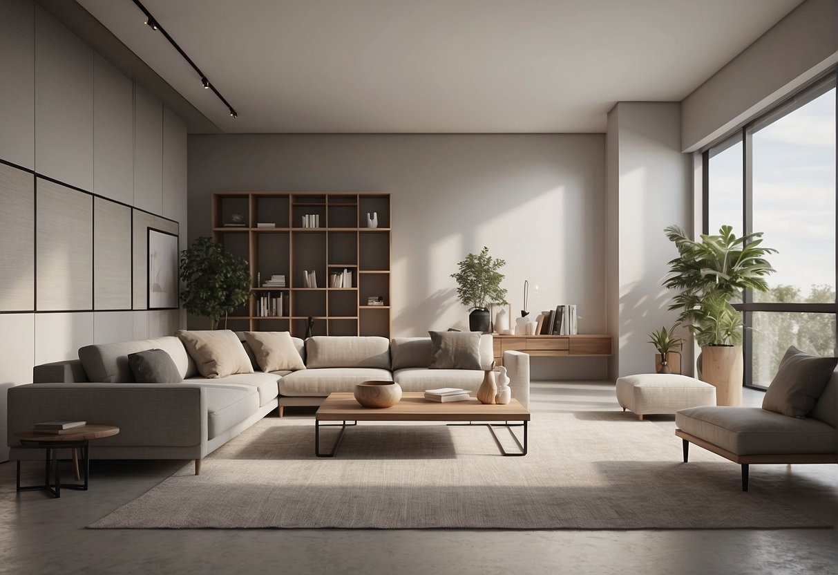 A spacious room with clean lines, neutral colors, and simple furniture. Soft natural light fills the space, highlighting the absence of clutter or unnecessary decor