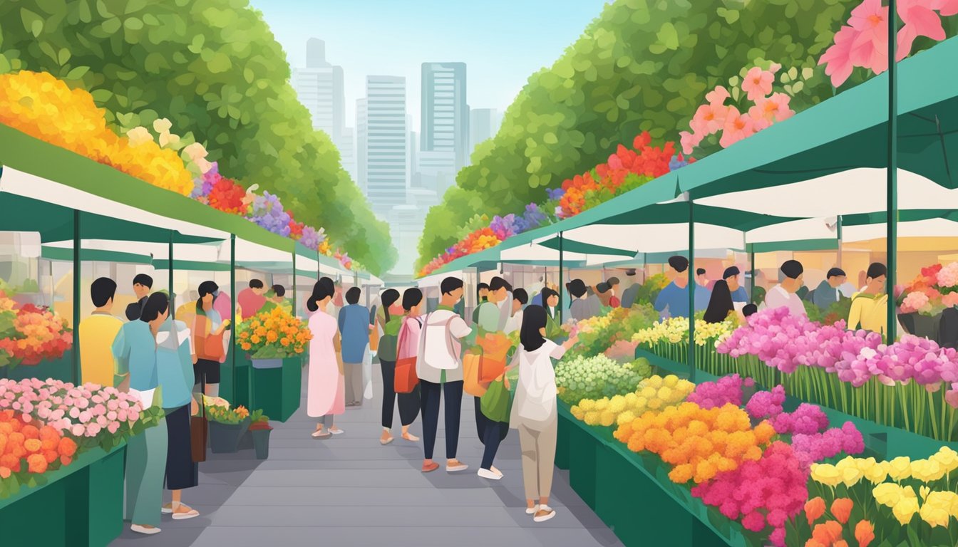 A vibrant flower market in Singapore, with colorful blooms displayed in rows, attracting customers seeking fresh bouquets