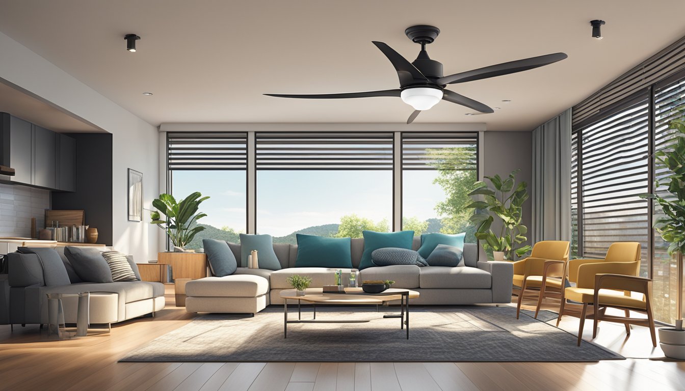 A modern living room with a bladeless ceiling fan hanging from the center, surrounded by furniture and large windows