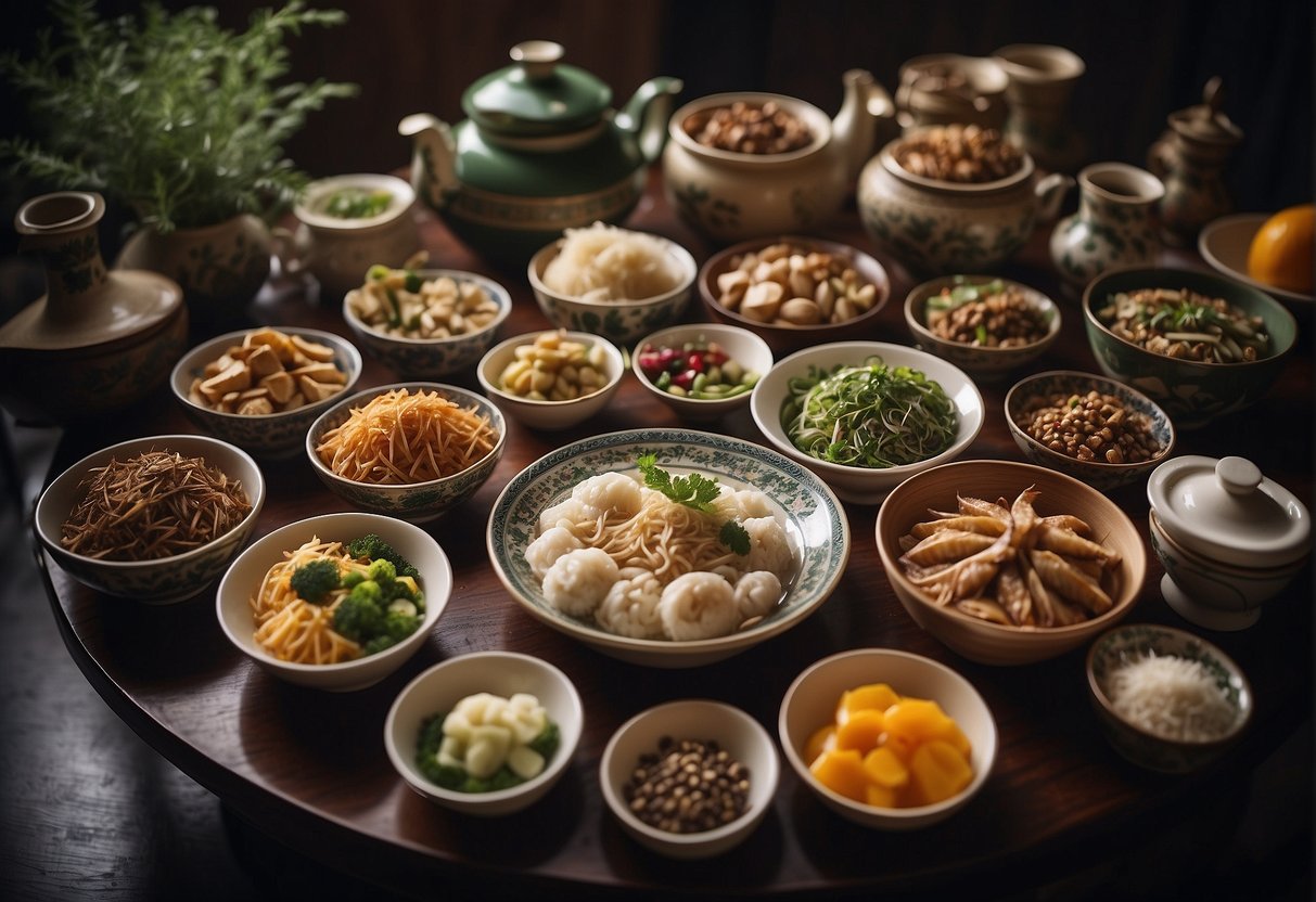 A table filled with traditional Chinese dishes, surrounded by herbal ingredients and recovery teas
