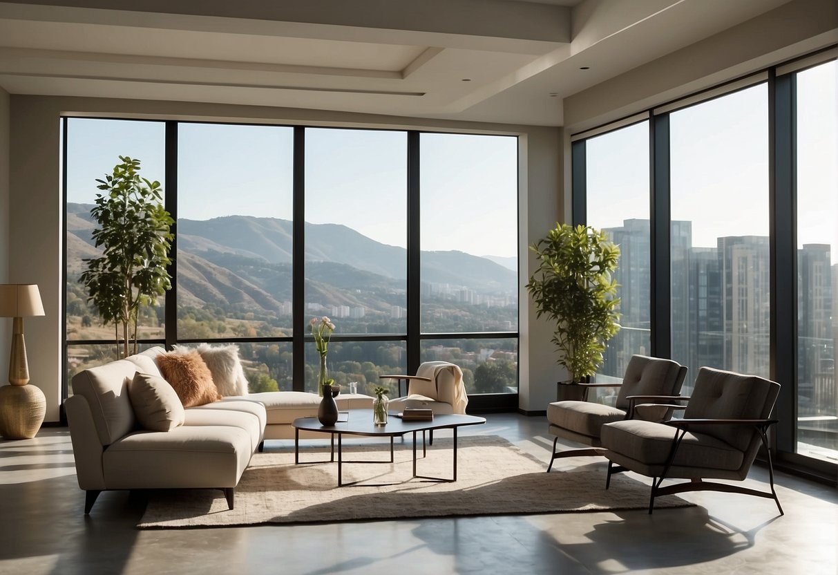 A spacious room with clean lines, neutral colors, and simple furniture. Large windows let in natural light, casting shadows on the sleek surfaces