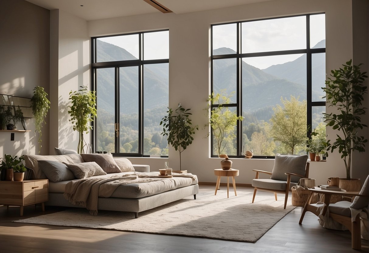 A room with modern furniture and minimalist decor, featuring neutral colors and natural materials like wood and stone. Large windows let in plenty of natural light, creating a bright and airy atmosphere