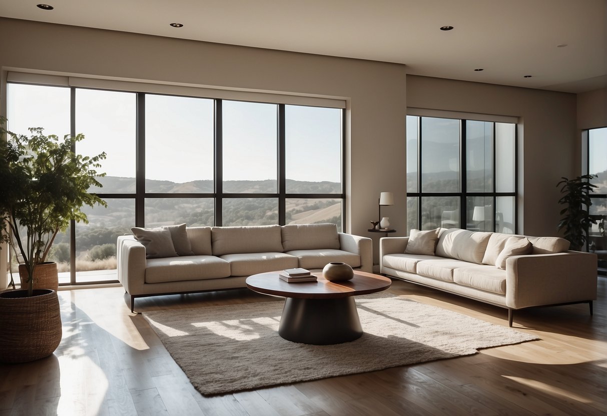 A sleek, uncluttered room with clean lines, neutral colors, and minimal furniture. Large windows allow natural light to fill the space, creating a sense of openness and tranquility