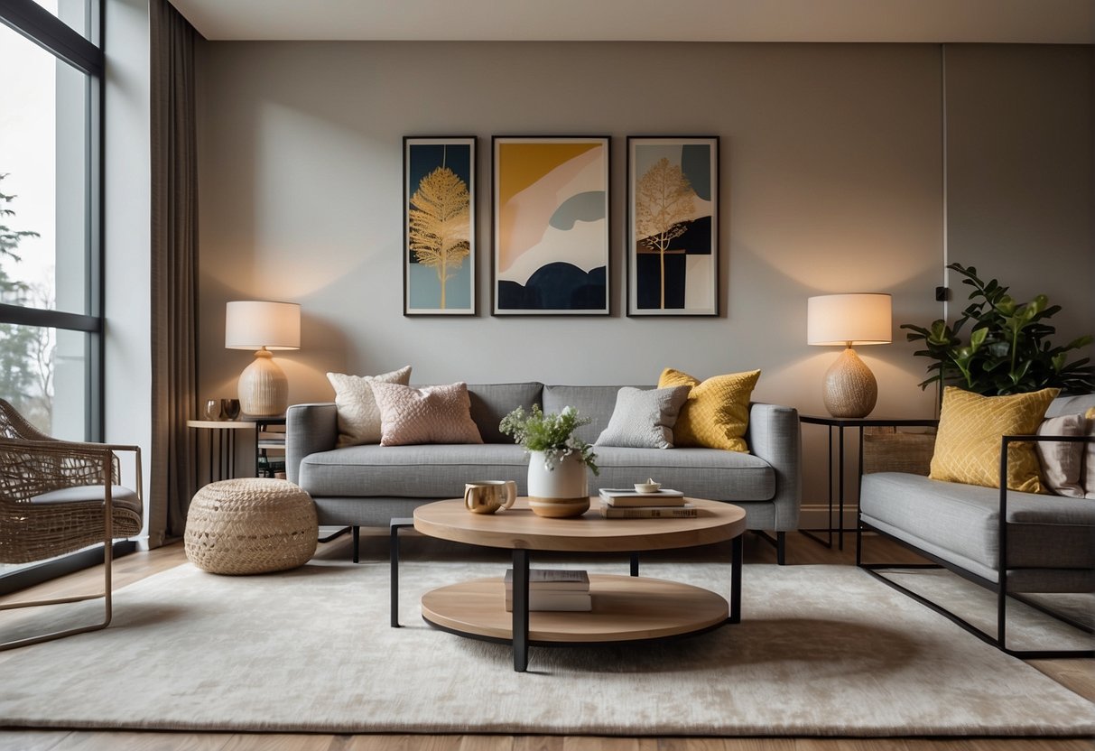 A cozy living room with a modern sofa, elegant coffee table, and vibrant artwork on the walls. Soft lighting and a plush rug complete the inviting atmosphere