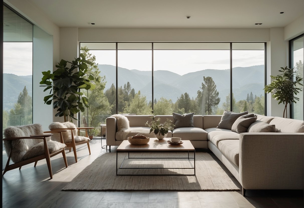 A modern, minimalist living room with sleek furniture, neutral color palette, and plenty of natural light streaming in through large windows