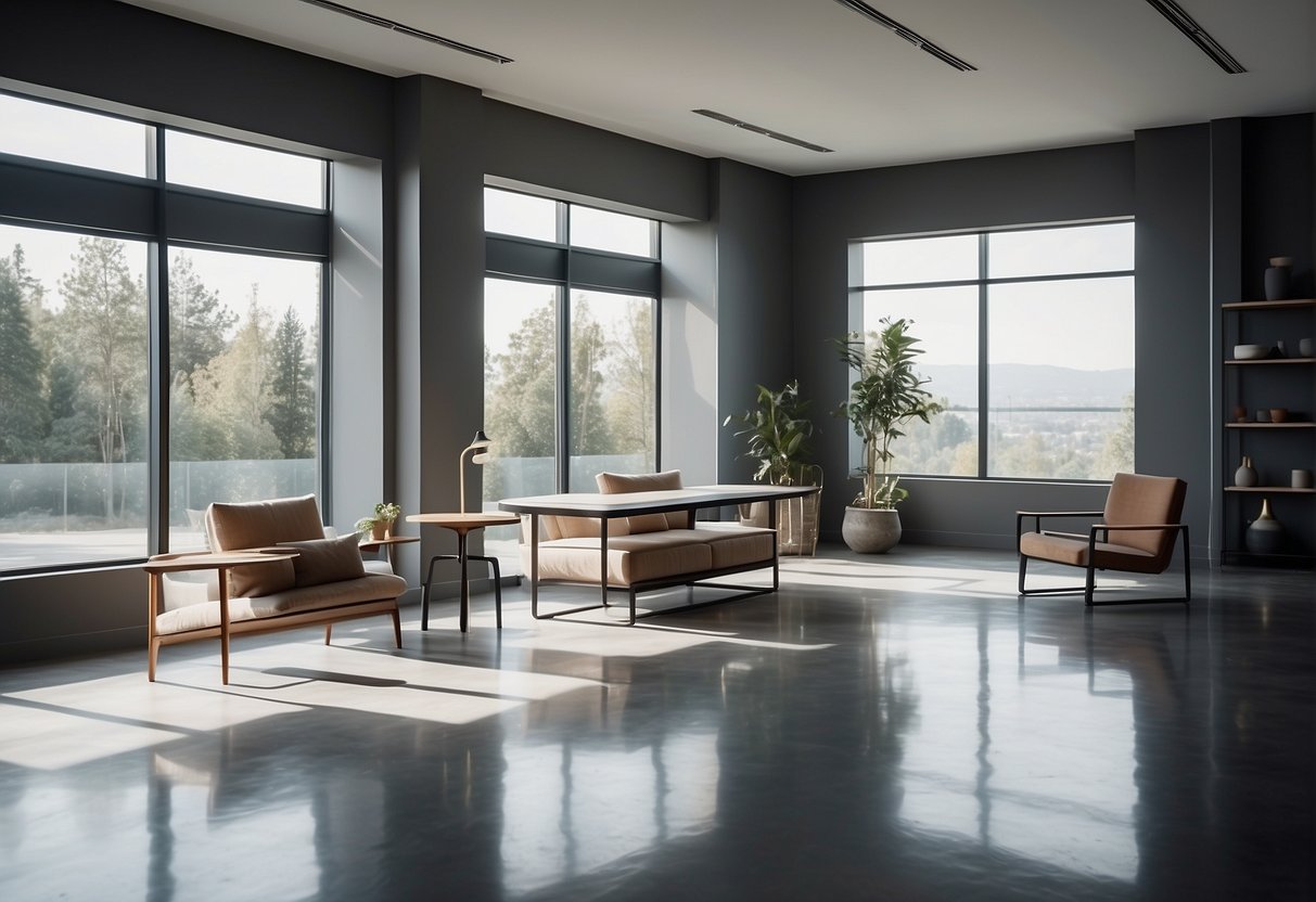 A sleek, monochromatic space with clean lines, polished concrete floors, and minimal furniture. The room is bathed in natural light, casting soft shadows on the neutral palette of the room