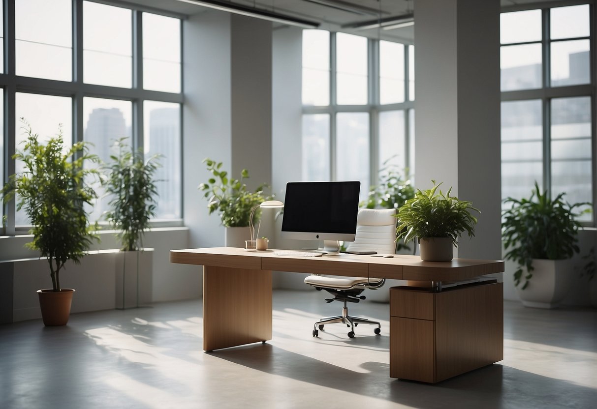 A modern, minimalist office space with sleek furniture and clean lines. A large desk with a computer and a few decorative plants. Bright, natural light streaming in from large windows