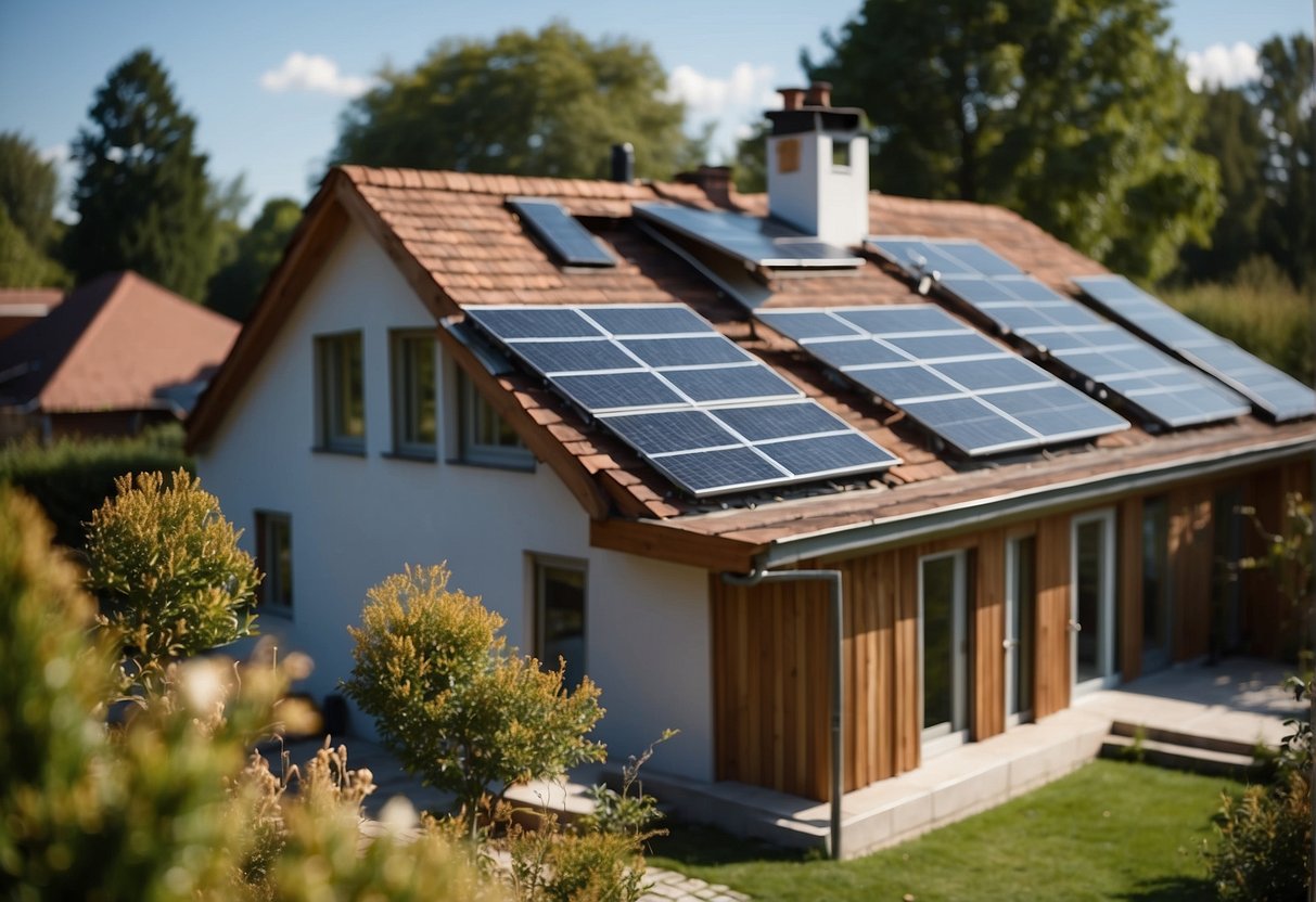A house being renovated with eco-friendly materials and energy-efficient appliances. Solar panels on the roof, insulation made from recycled materials, and low-flow water fixtures