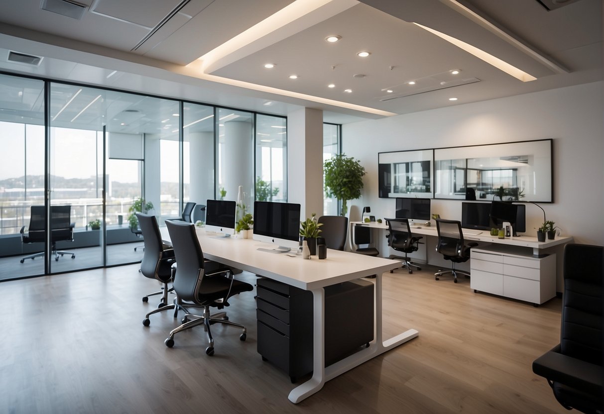 A modern office with a sleek reception area, stylish furniture, and a wall display of past projects. Bright, natural lighting and a minimalist color scheme create a welcoming and professional atmosphere