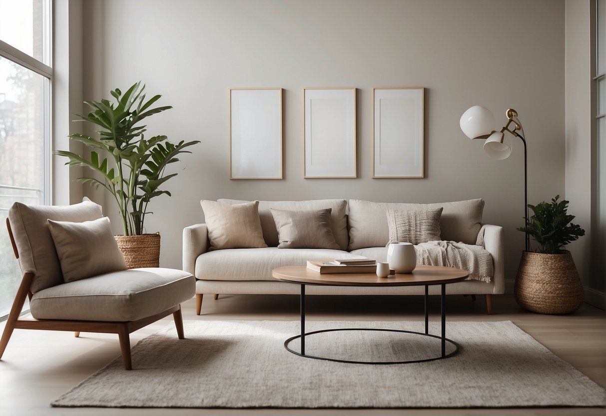 Clean lines, neutral colors, and simple furniture in a spacious, well-lit room. No clutter, just a few carefully chosen decor items