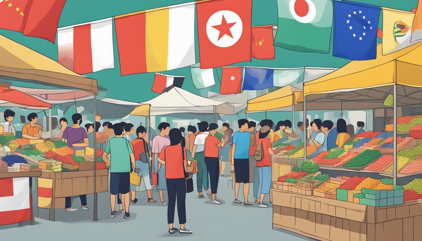 A bustling market stall in Singapore, displaying an array of colorful country flags with a sign reading "Frequently Asked Questions: Where to buy country flags in Singapore"