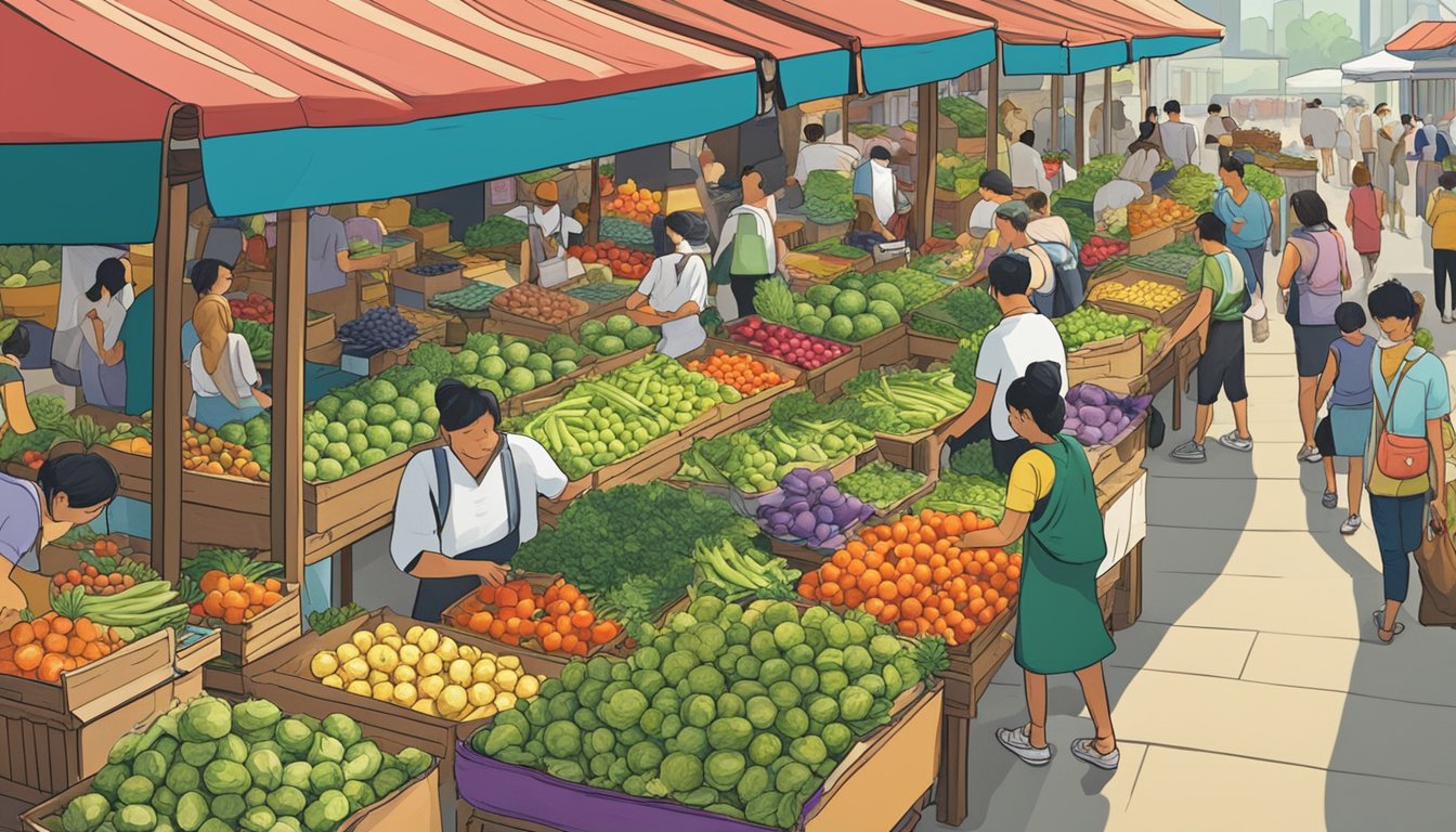 A bustling outdoor market in Singapore, with colorful stalls selling fresh produce. A sign prominently displays "Brussels Sprouts" in bold letters. Customers browse the selection of vibrant vegetables