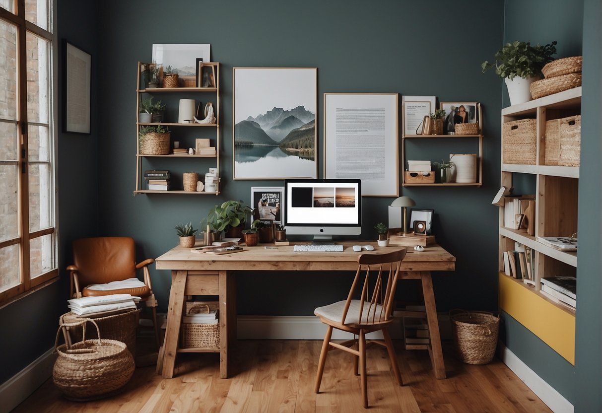 A room with blank walls, a cluttered desk, and outdated furniture. A mood board with color swatches and fabric samples. A stack of design magazines and a laptop open to a home renovation website