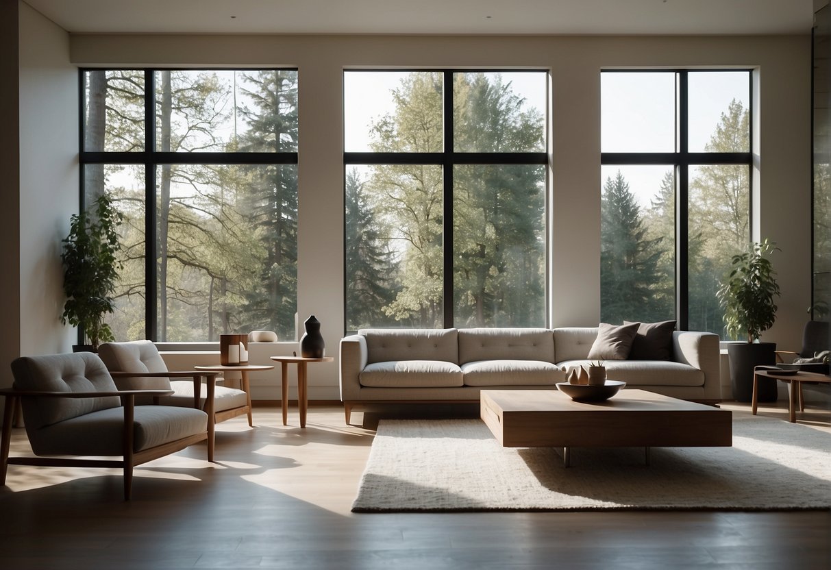A spacious, uncluttered room with clean lines, neutral colors, and natural light pouring in through large windows. Simple, functional furniture and sleek, modern fixtures complete the minimalist interior design