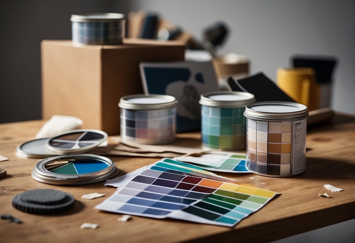 A bright, spacious room with paint swatches, flooring samples, and design magazines scattered on a table. Tools and materials for renovation are neatly organized in the background