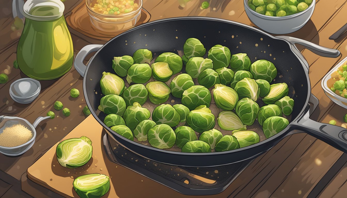 A person sautés Brussels sprouts in a sizzling pan, then sprinkles them with seasoning before enjoying the dish at a cozy dining table