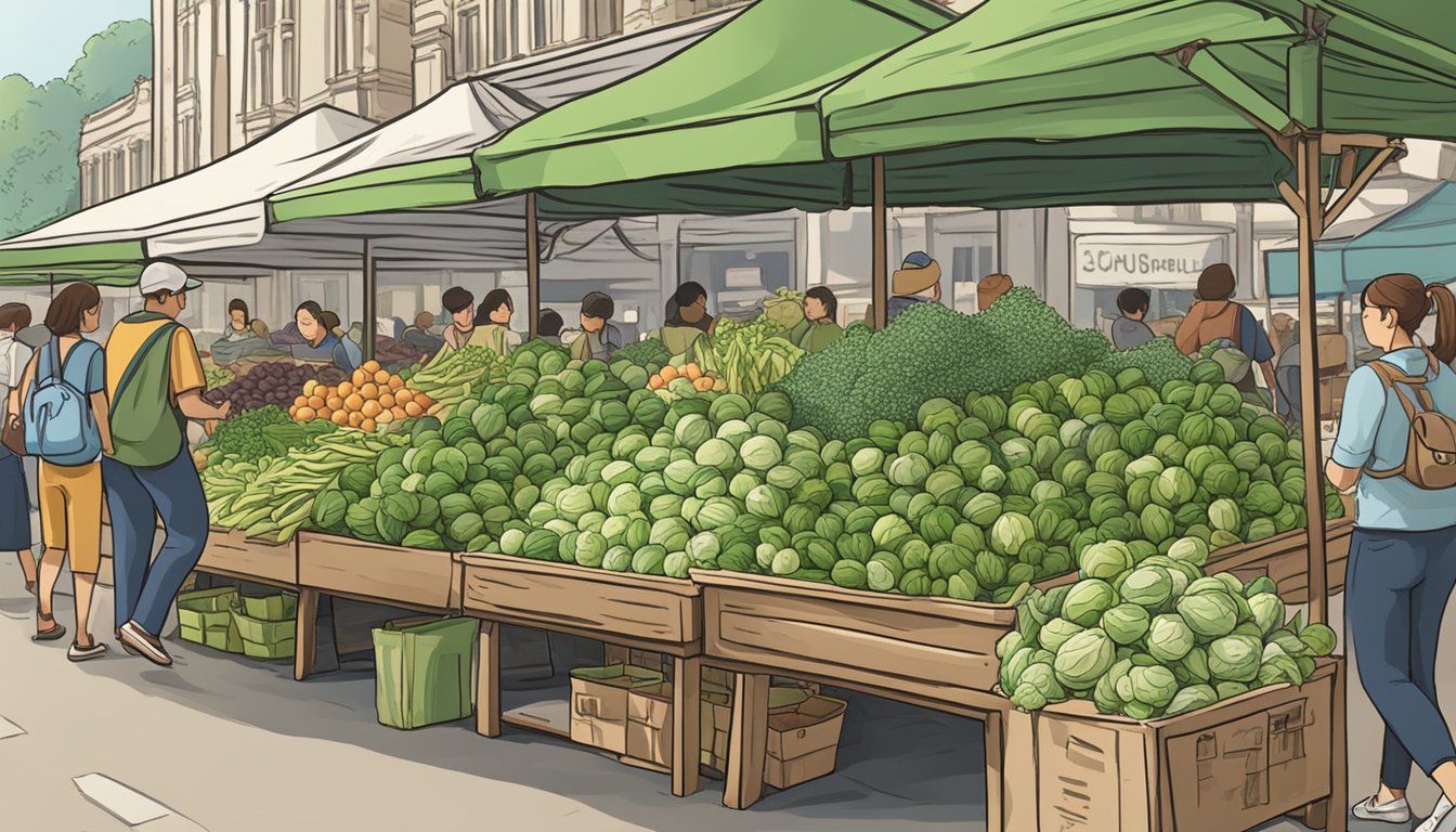 A bustling market stall with fresh produce, prominently displaying vibrant green brussels sprouts, with a sign reading "Frequently Asked Questions: where to buy brussels sprouts in Singapore"
