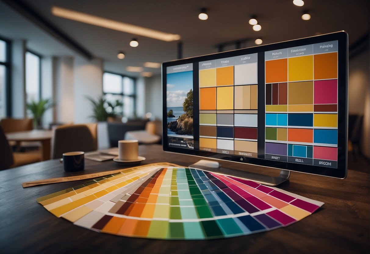 A diverse array of renovation ideas are displayed on a digital screen, surrounded by vibrant color swatches and design samples