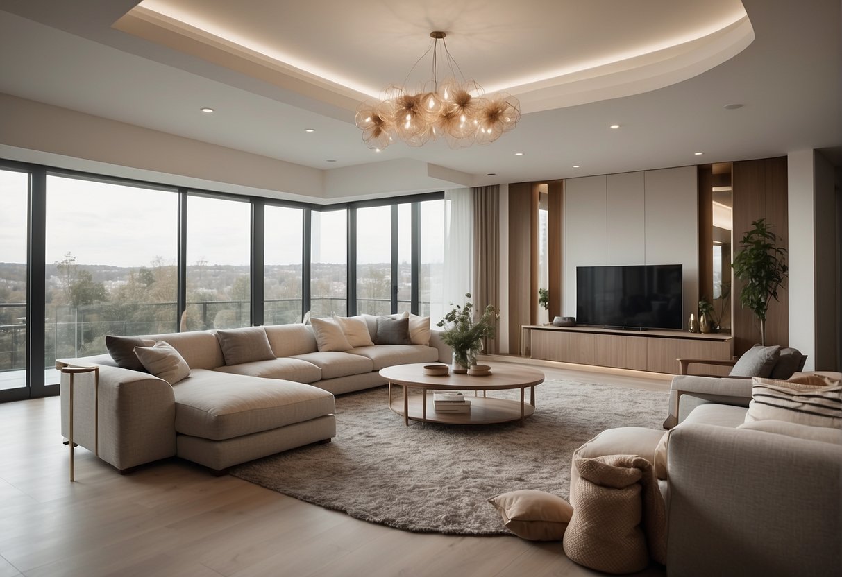 A spacious, well-lit room with clean lines and simple furnishings. Neutral colors dominate the space, with a few carefully chosen decorative elements