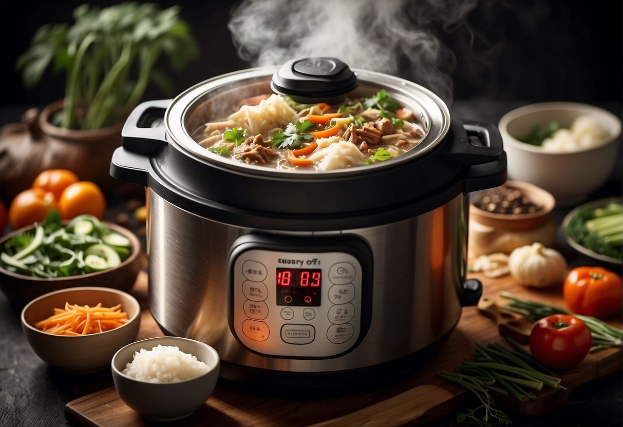 A steaming instant pot filled with savory Chinese dishes, surrounded by traditional ingredients and cooking utensils