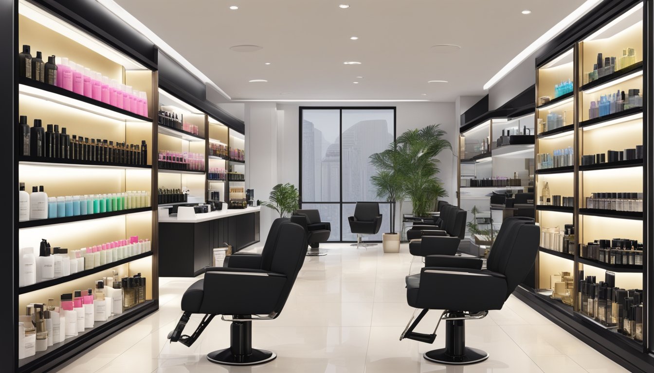 A well-lit, modern salon with shelves stocked full of Goldwell hair products in the heart of Singapore
