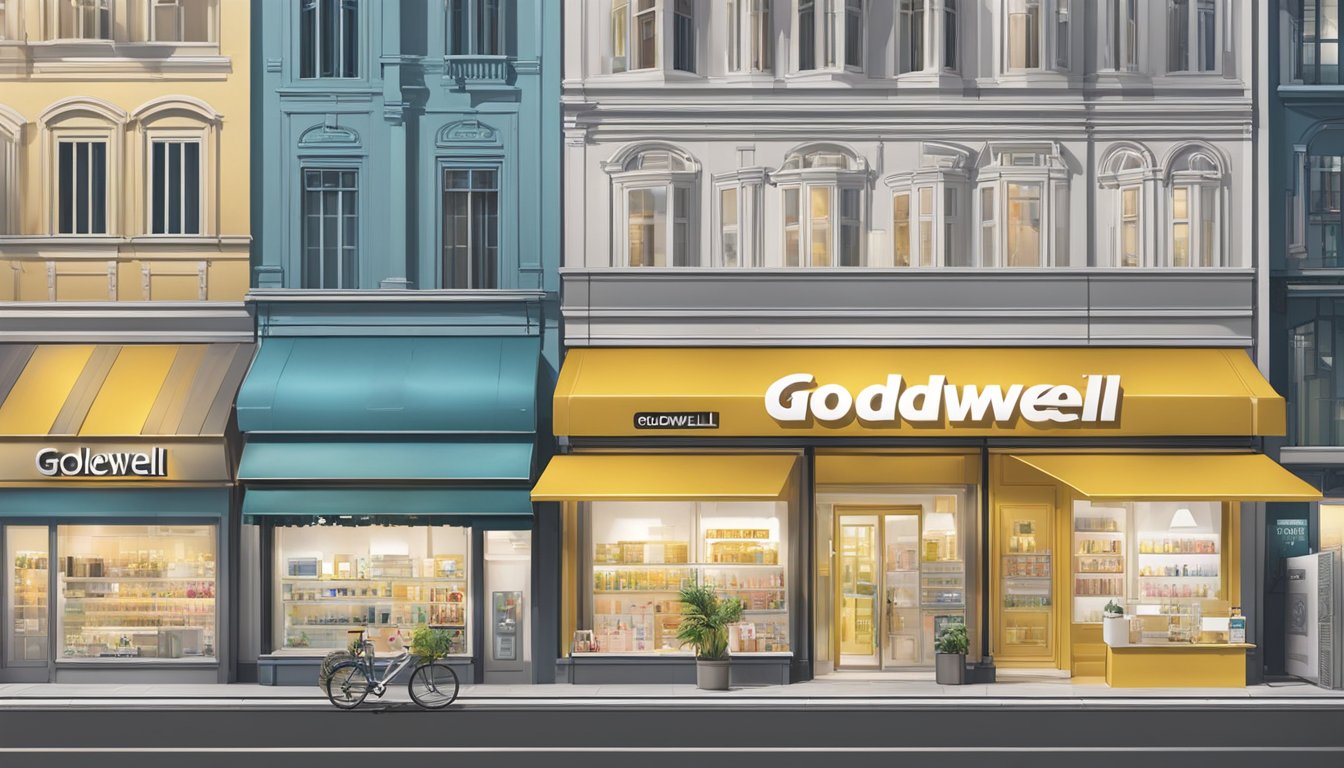 A vibrant cityscape of Singapore with prominent Goldwell signage on a storefront, showcasing a range of Goldwell products