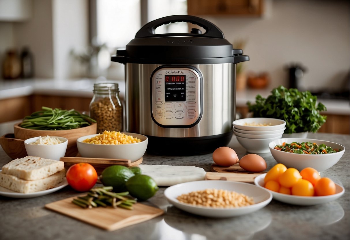 A kitchen counter with an Instant Pot, various Chinese ingredients, and a recipe book open to a page titled "Getting Started with Your Instant Pot chinese recipes instant pot."