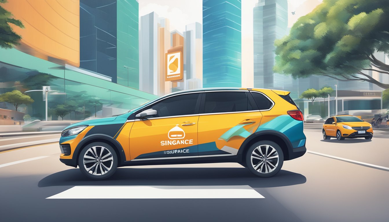 A car driving through Singapore with a prominent insurance company logo on a billboard in the background