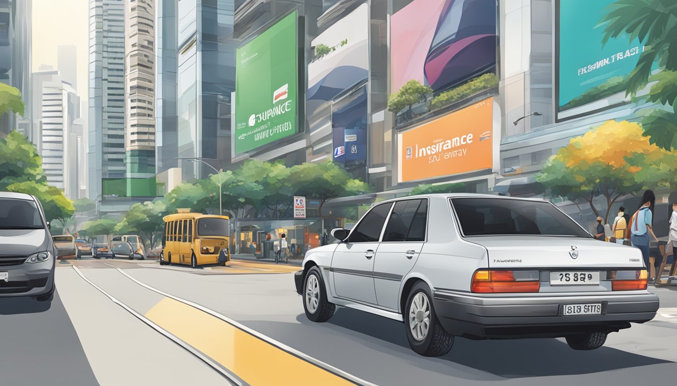 A car parked on a busy Singapore street with a prominent insurance company advertisement in the background