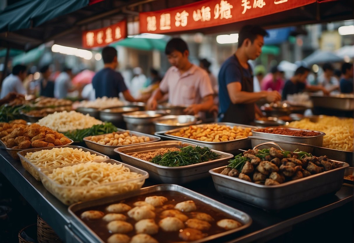 A bustling Singapore street market showcases various Chinese recipes being prepared and sold