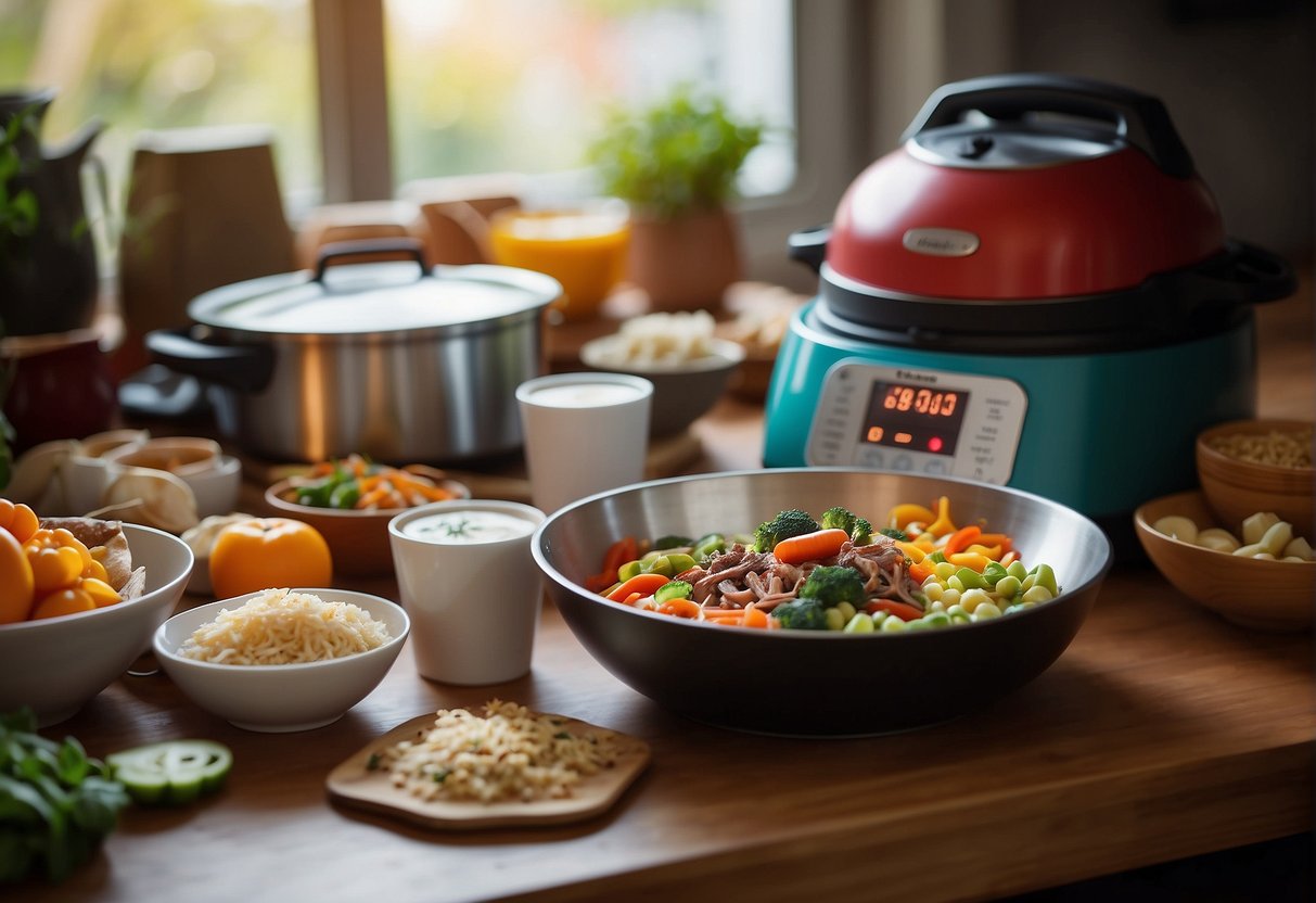 A table filled with colorful ingredients, an Instant Pot cooking various Chinese dishes, steam rising, and a cookbook open to popular recipes