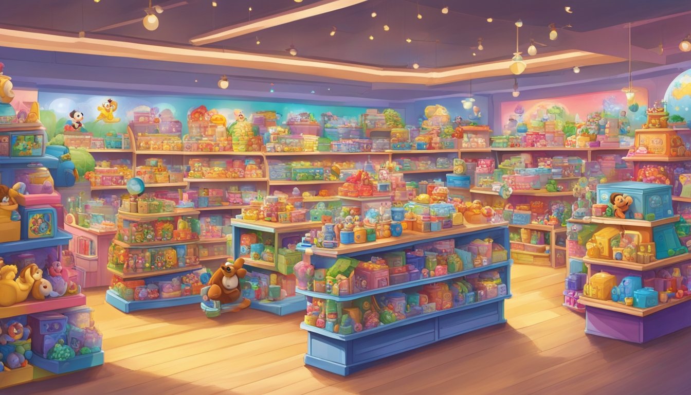 A bustling toy store in Singapore displays shelves filled with colorful Disney toys and merchandise. Bright lights and cheerful decor create a magical atmosphere