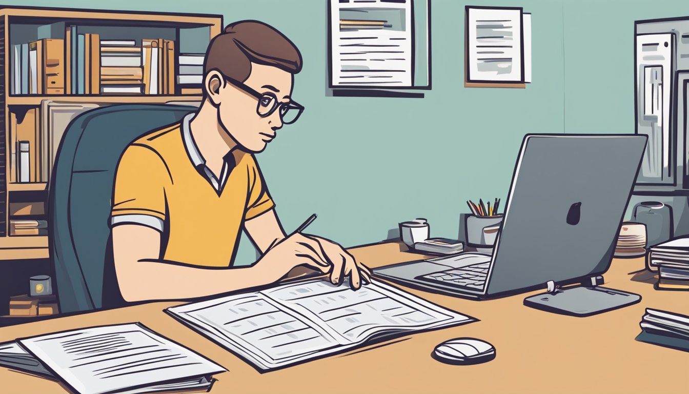 A person comparing different car insurance options at a desk with a laptop and paperwork spread out in front of them. A thoughtful expression on their face as they weigh the choices