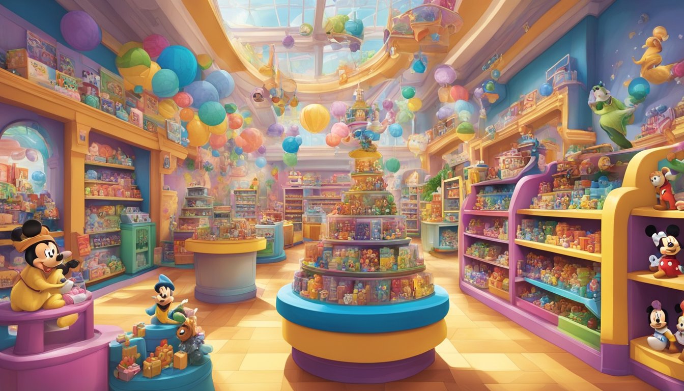 A vibrant toy store display featuring a variety of Disney characters and merchandise in Singapore. Bright colors and iconic figures create an inviting atmosphere for Disney fans