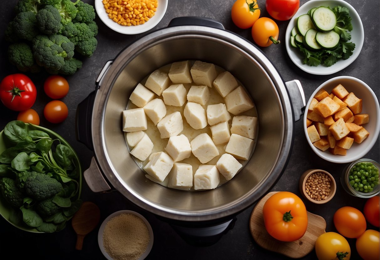 A variety of colorful and fresh vegetables, along with lean proteins like chicken and tofu, are being prepared in a modern instant pot. The steam rises as the ingredients cook, creating a vibrant and aromatic scene