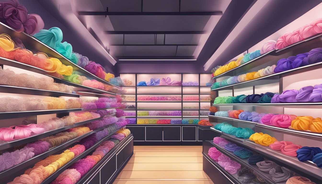 A colorful display of hair accessories in a boutique shop in Singapore. Shelves lined with headbands, clips, and scrunchies. Bright lighting highlights the various styles and designs available for purchase