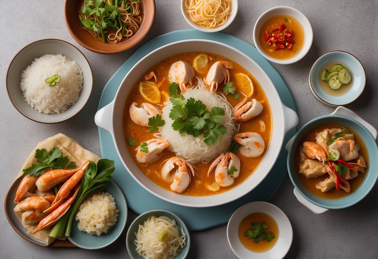A table set with iconic Singaporean Chinese dishes, including Hainanese chicken rice, laksa, and chili crab, surrounded by vibrant ingredients and traditional cookware