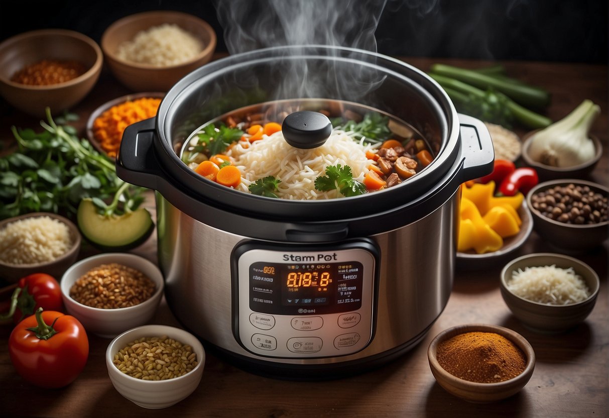 An open Instant Pot surrounded by various Chinese ingredients and spices. Steam rises from the pot as it cooks a flavorful dish
