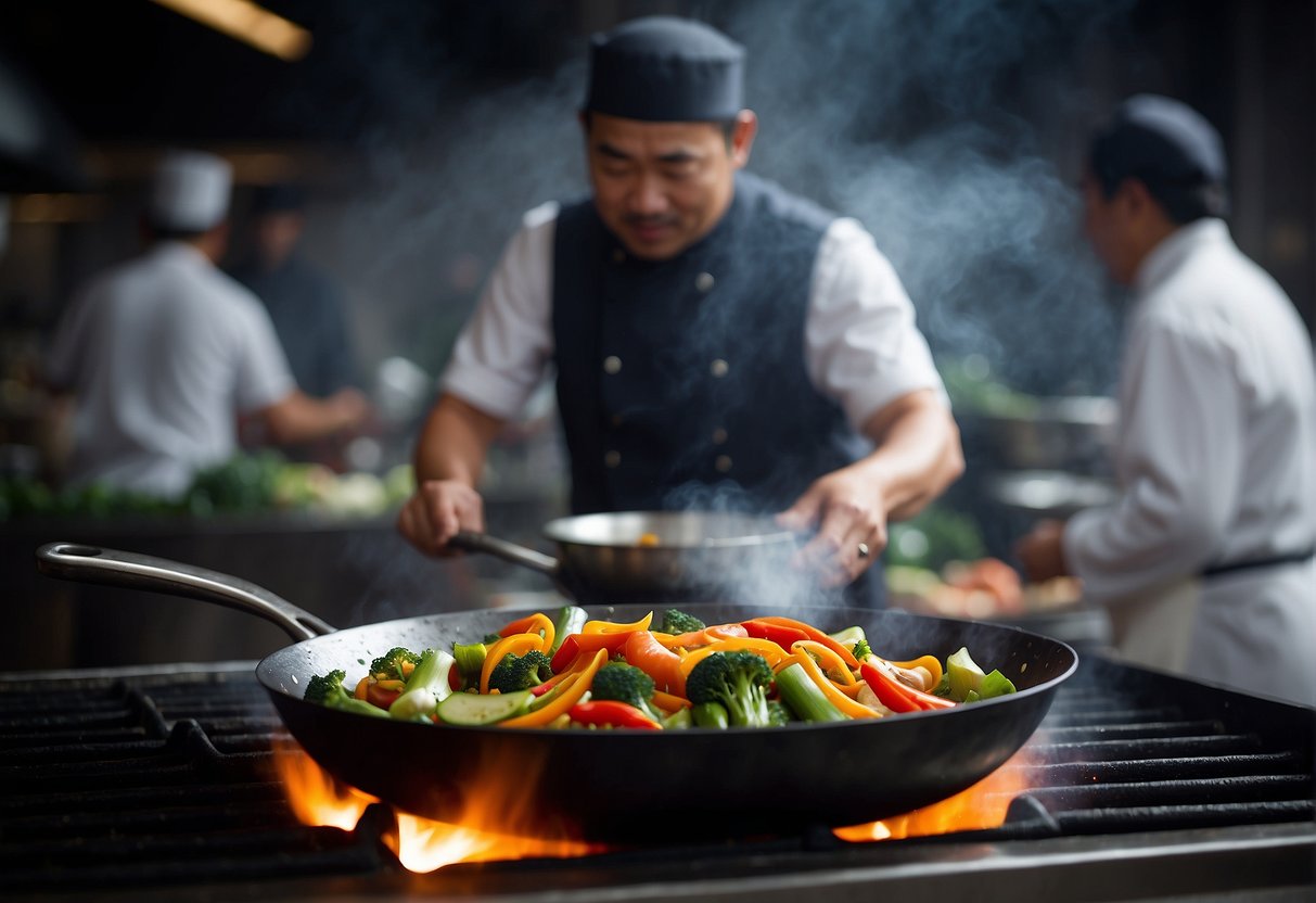 A wok sizzles over high heat, as a chef tosses vibrant vegetables and aromatic spices, creating a cloud of savory steam