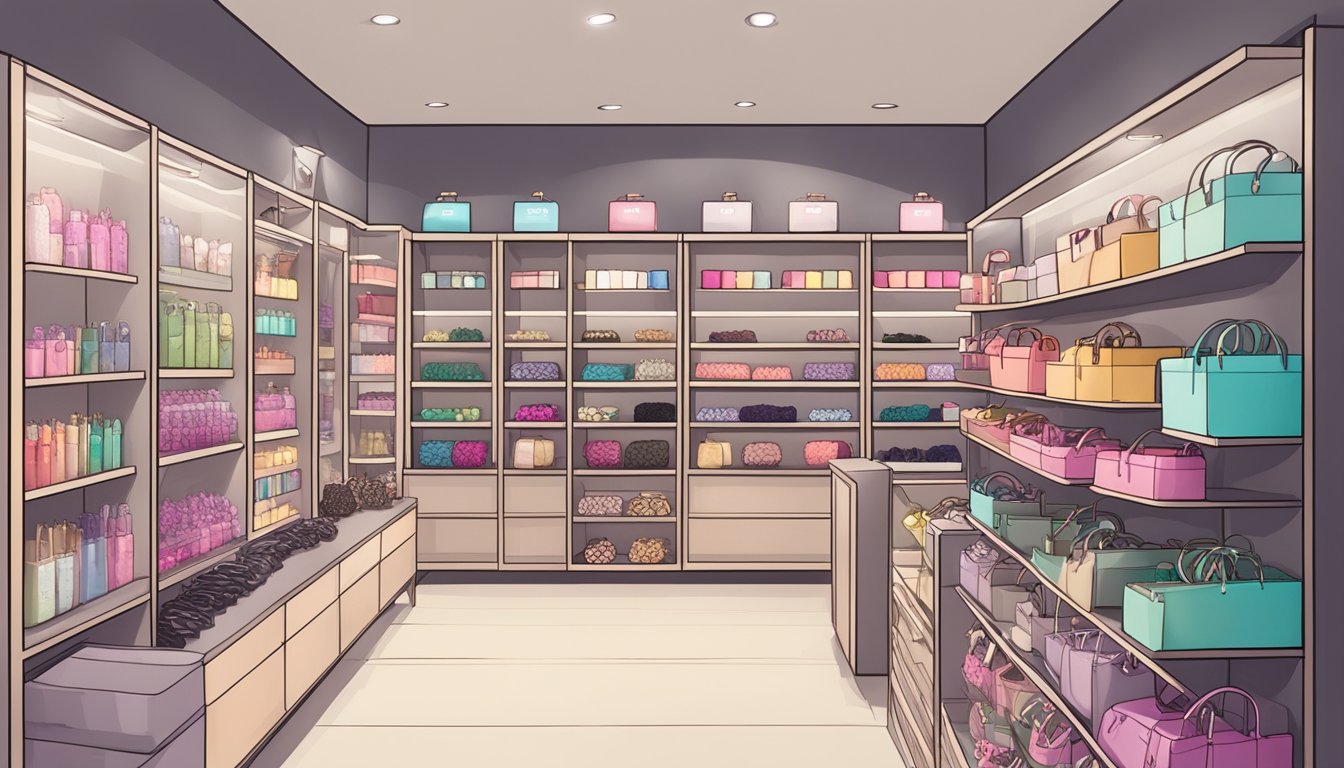 A display of various hair accessories in a Singapore store, with shelves neatly organized and labeled. Bright lighting highlights the products