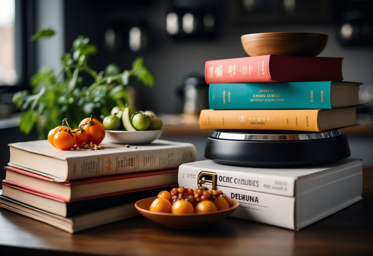 A stack of colorful recipe books with Chinese cuisine on an instant pot background