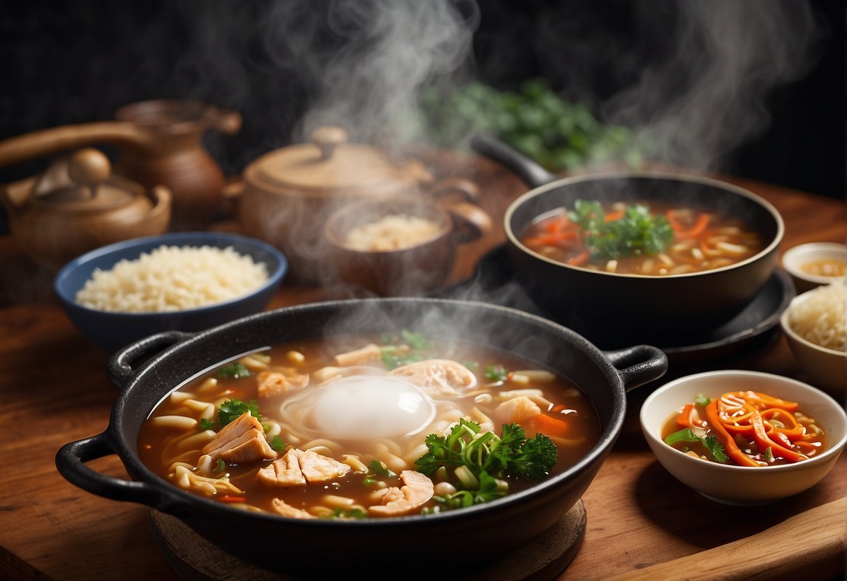 A steaming pot of Chinese soup and a sizzling pan of Singaporean sauce sit on a rustic kitchen table. Ingredients like ginger, garlic, and soy sauce are scattered around, adding to the ambiance