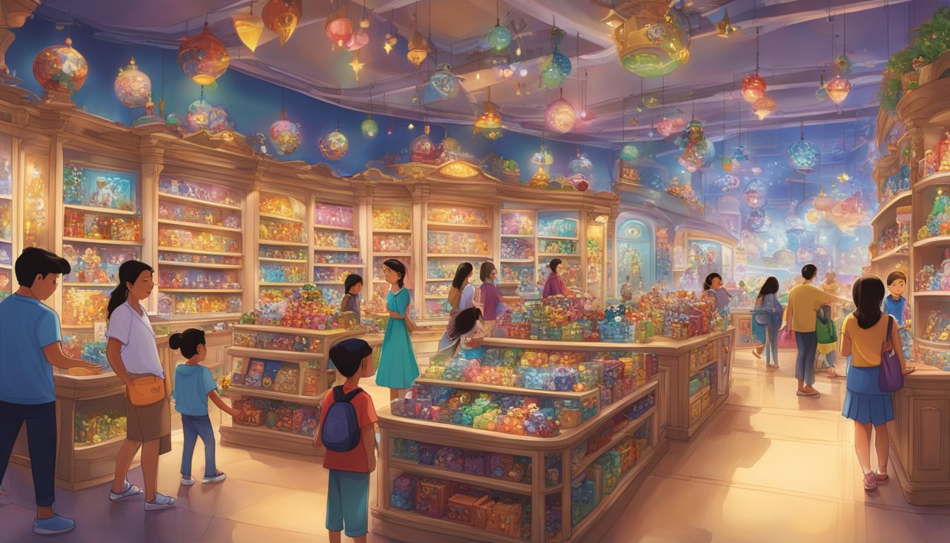 A bustling Disney store in Singapore, filled with colorful toys and merchandise. Bright lights illuminate shelves stocked with beloved characters, while families browse and children marvel at the magical displays