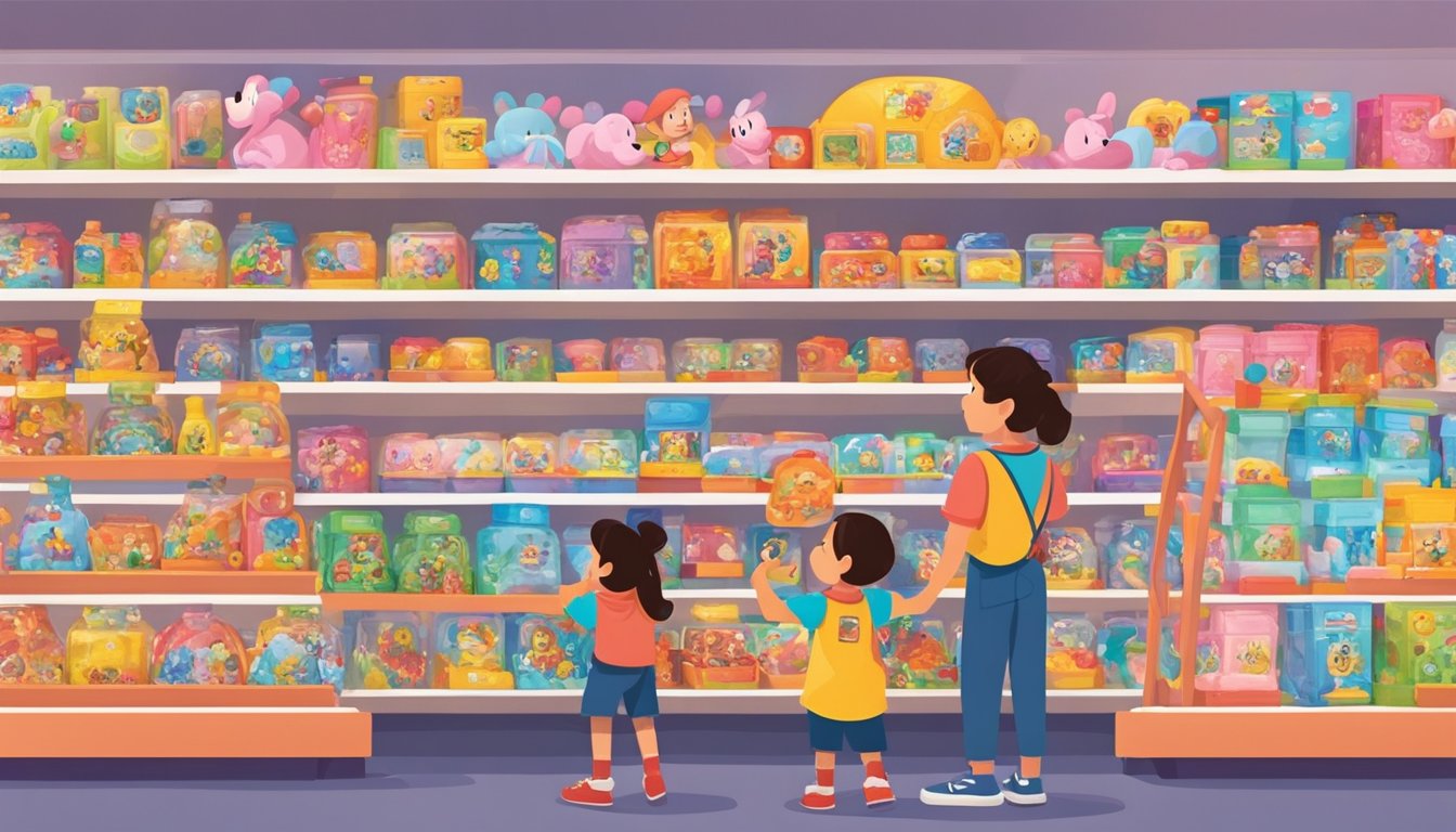A bustling toy store in Singapore, shelves lined with colorful Disney toys. Customers browsing, excited children pointing at their favorite characters