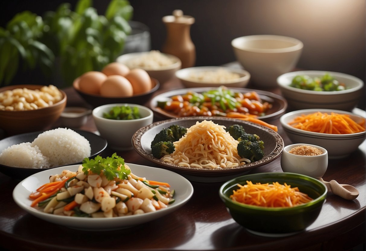 A table set with various Chinese ingredients and alternative substitutes, showcasing dietary considerations in Singaporean cuisine