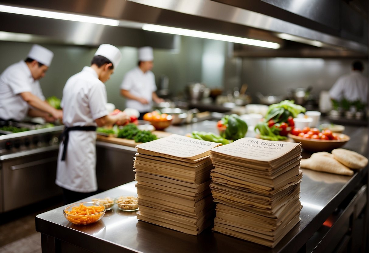 A bustling kitchen with chefs preparing traditional Chinese dishes. A stack of recipe books labeled "Frequently Asked Questions Chinese Recipes Singapore" sits on the counter. Ingredients and cooking utensils are scattered around